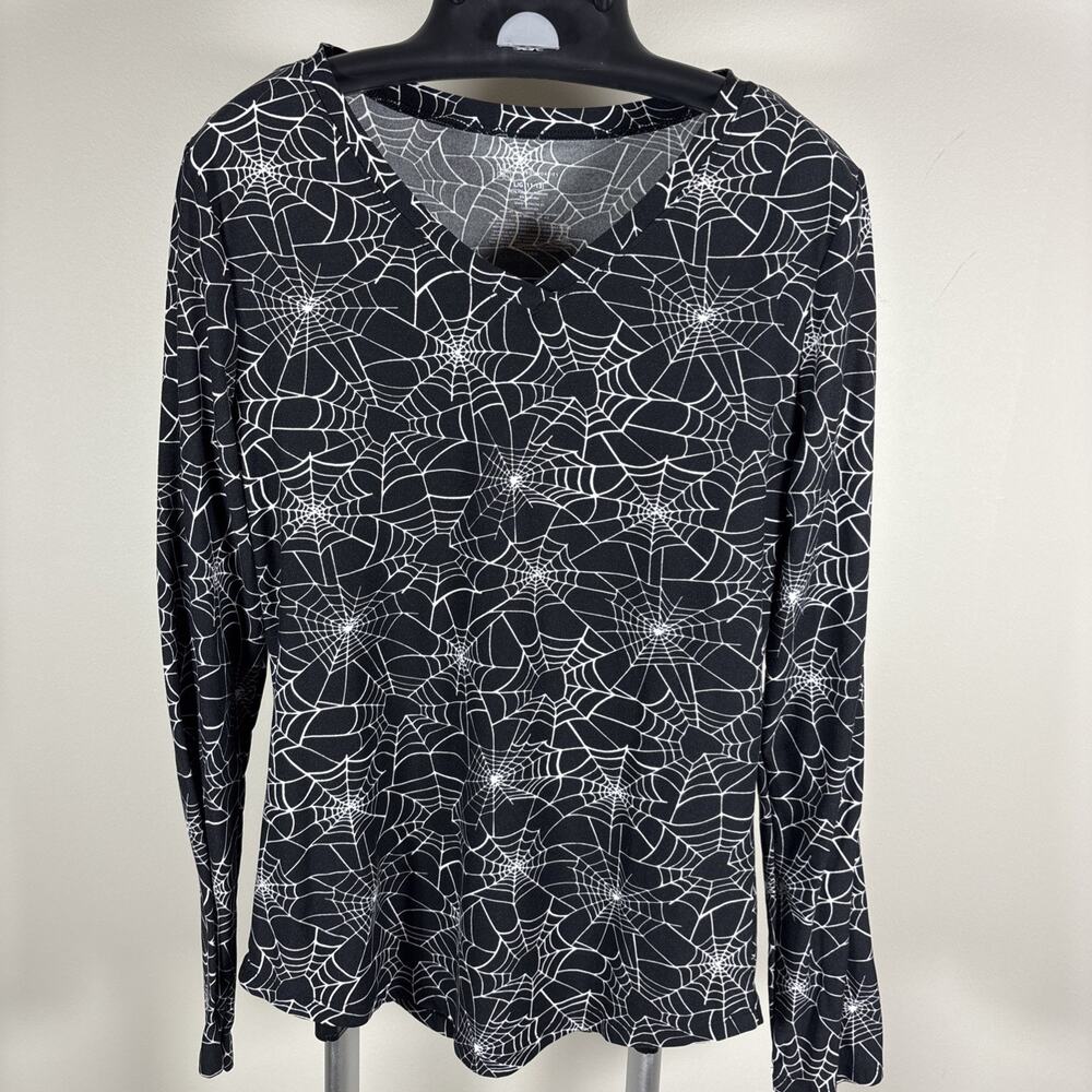 No Boundaries Black Spider Web V-Neck Long Sleeve Top Juniors L 11-13 Halloween